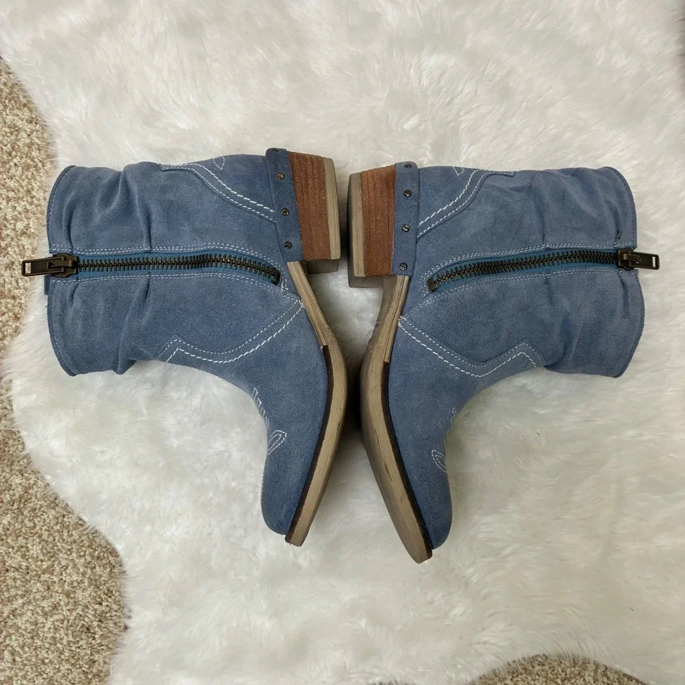 Sundance Blue Suede Slouchy Western Ankle Boots Size 38 Cowgirl Rodeo Hand Made